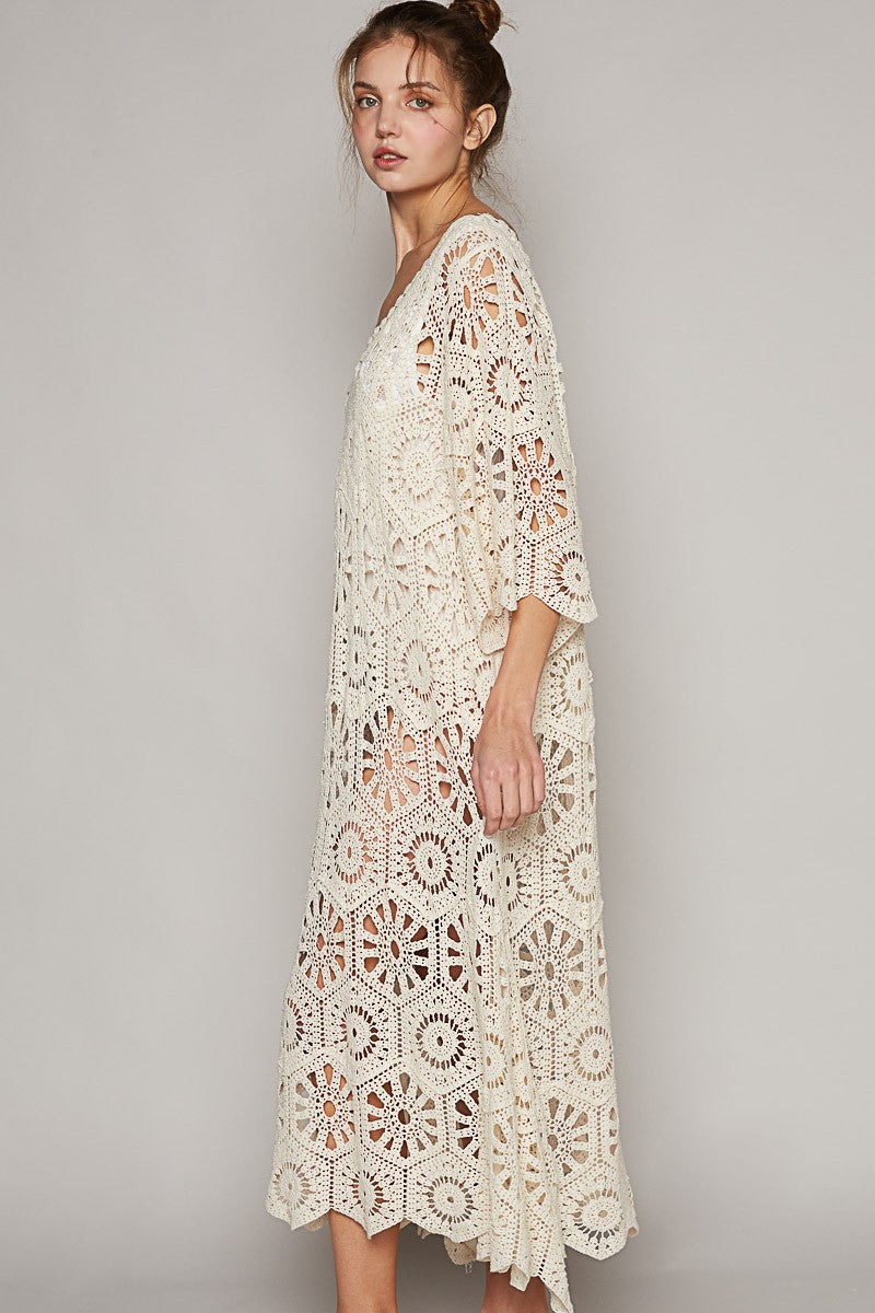 POL Scoop Neck Short Sleeve Solid Crochet Dress Top