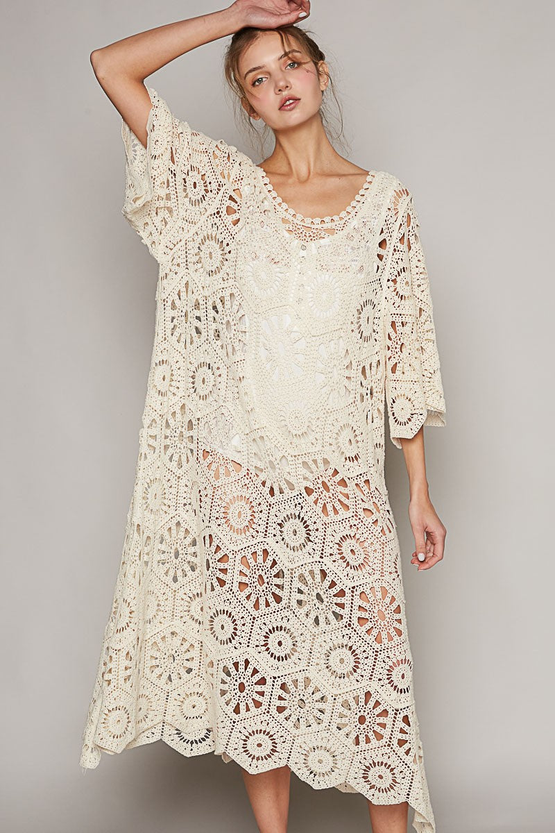 POL Scoop Neck Short Sleeve Solid Crochet Dress Top