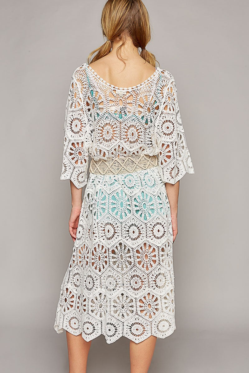 POL Scoop Neck Short Sleeve Solid Crochet Dress Top