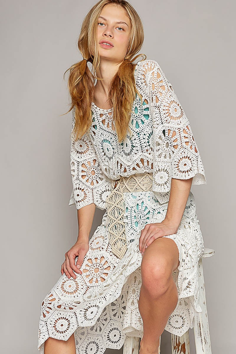 POL Scoop Neck Short Sleeve Solid Crochet Dress Top