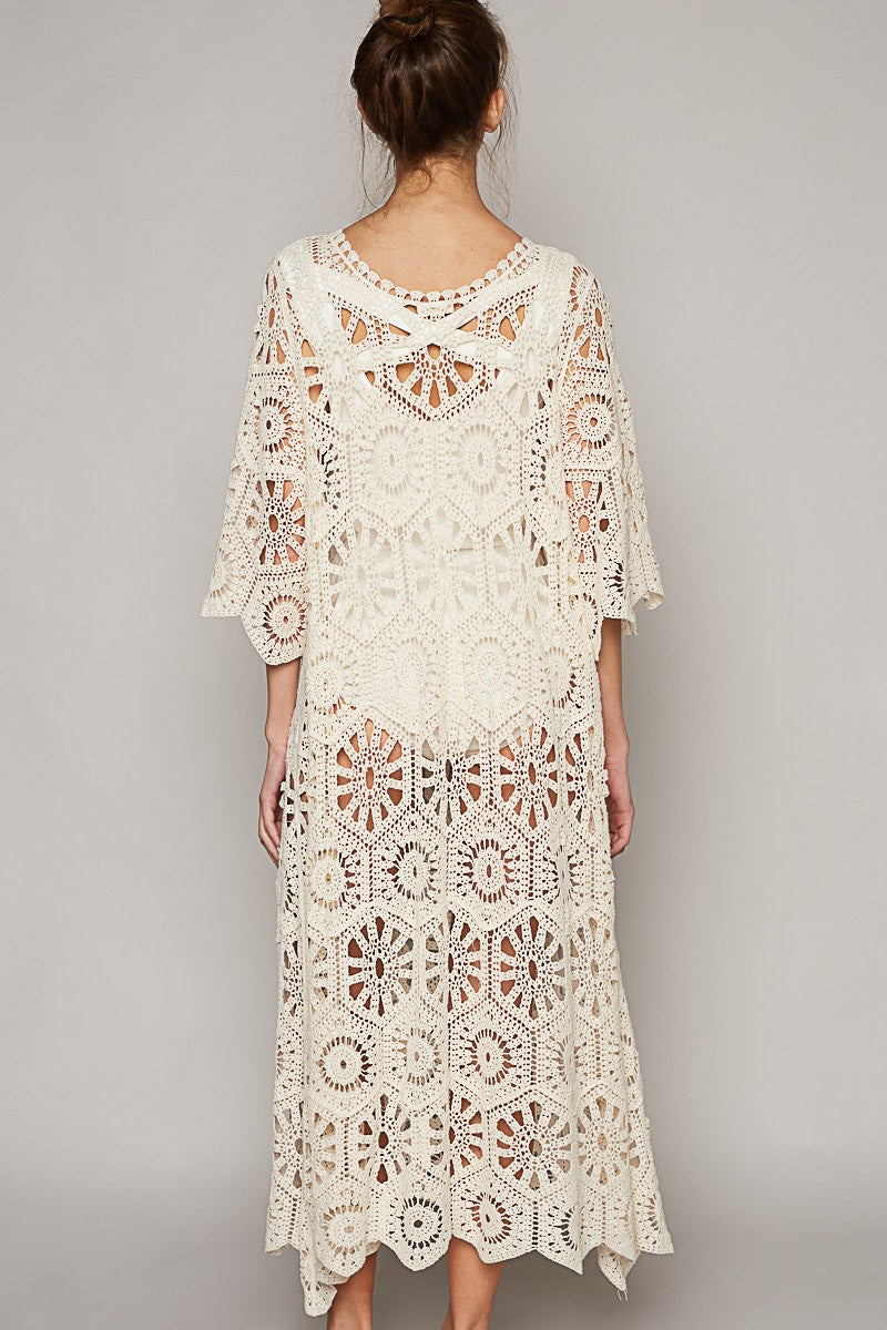 POL Scoop Neck Short Sleeve Solid Crochet Dress Top