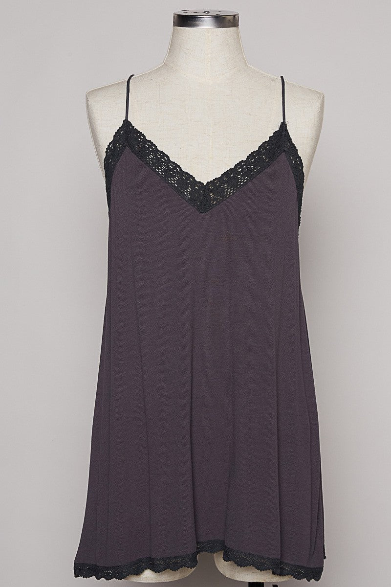 POL Sleeveless Lace Trim V Neck Adjustable Solid Tank Top