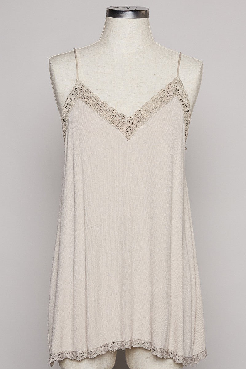 POL Sleeveless Lace Trim V Neck Adjustable Solid Tank Top