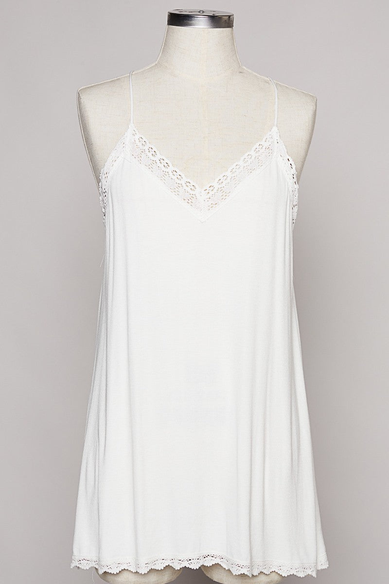 POL Sleeveless Lace Trim V Neck Adjustable Solid Tank Top