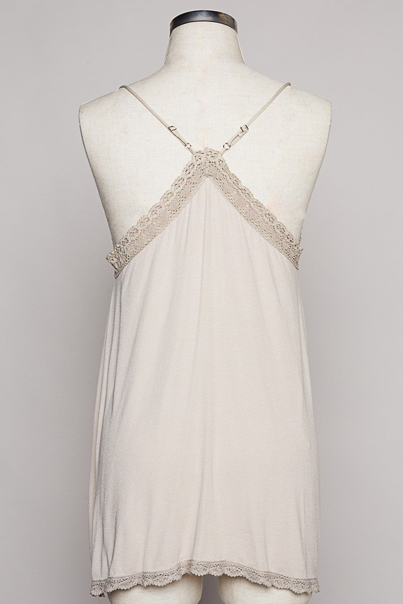 POL Sleeveless Lace Trim V Neck Adjustable Solid Tank Top