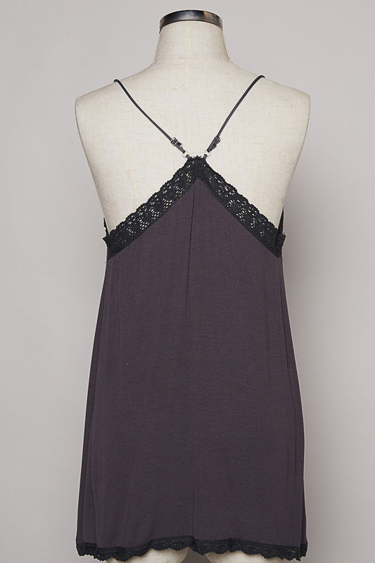 POL Sleeveless Lace Trim V Neck Adjustable Solid Tank Top