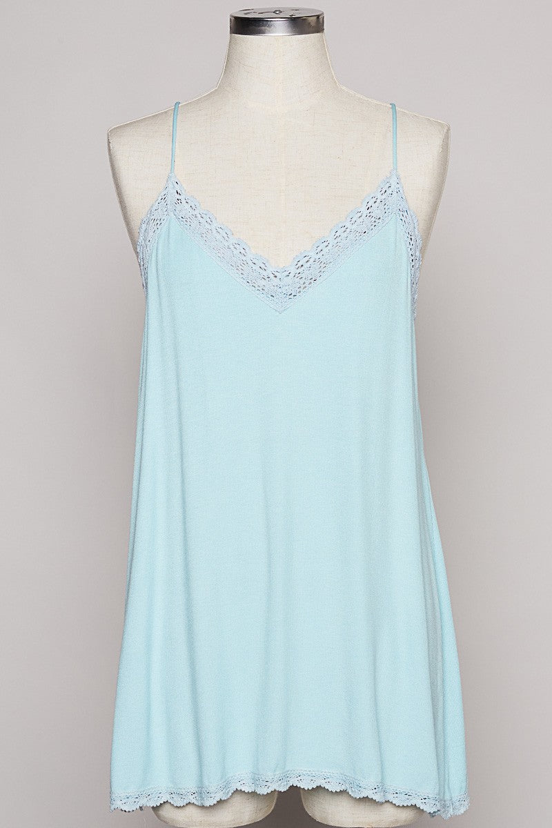 POL Sleeveless Lace Trim V Neck Adjustable Solid Tank Top
