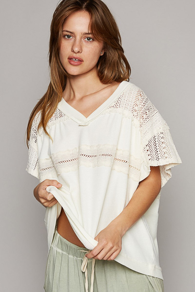 POL Oversize V-Neck Short Sleeve Crochet Trim Knit Top