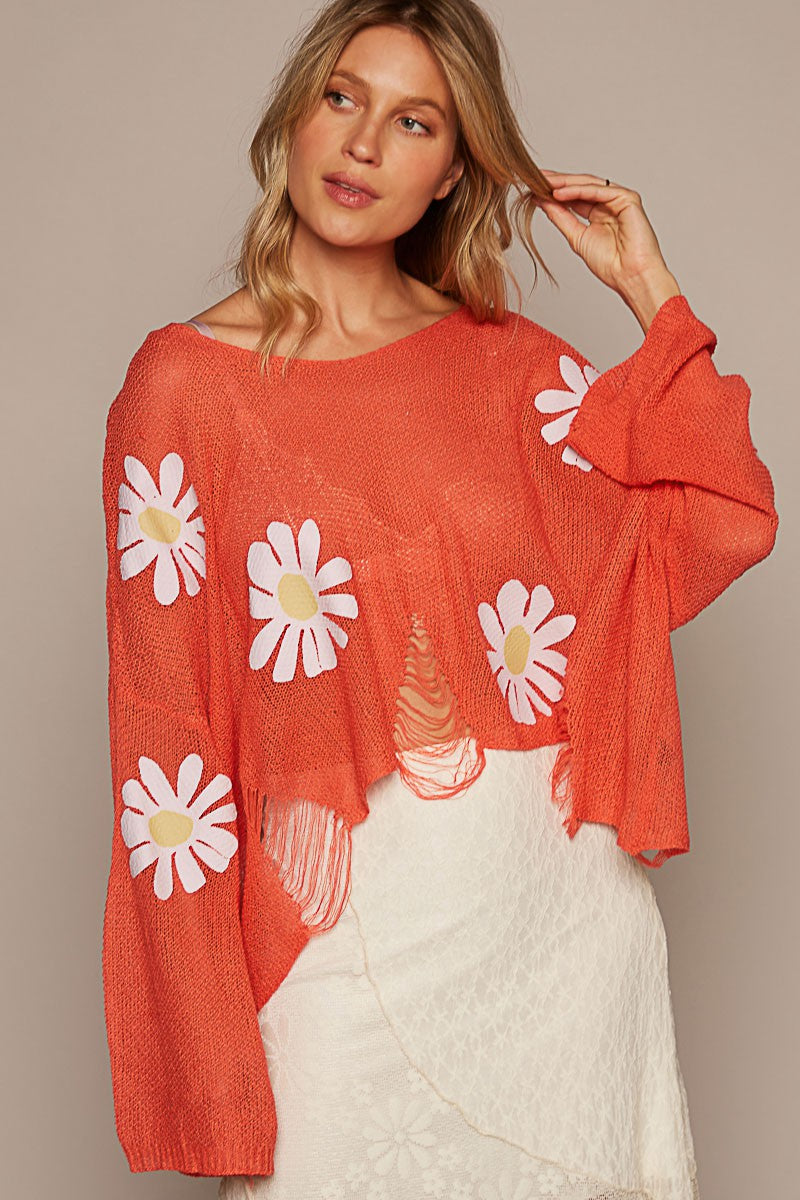 POL Long Sleeve Distress Flower Patches Pullover Top