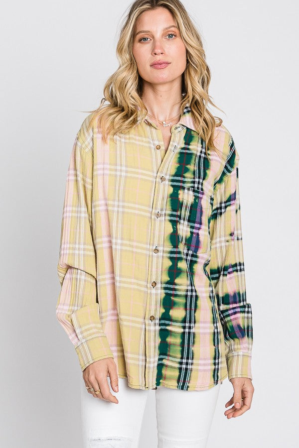 Oli & Hali Bleached Detail Front Pocket Plaids Top