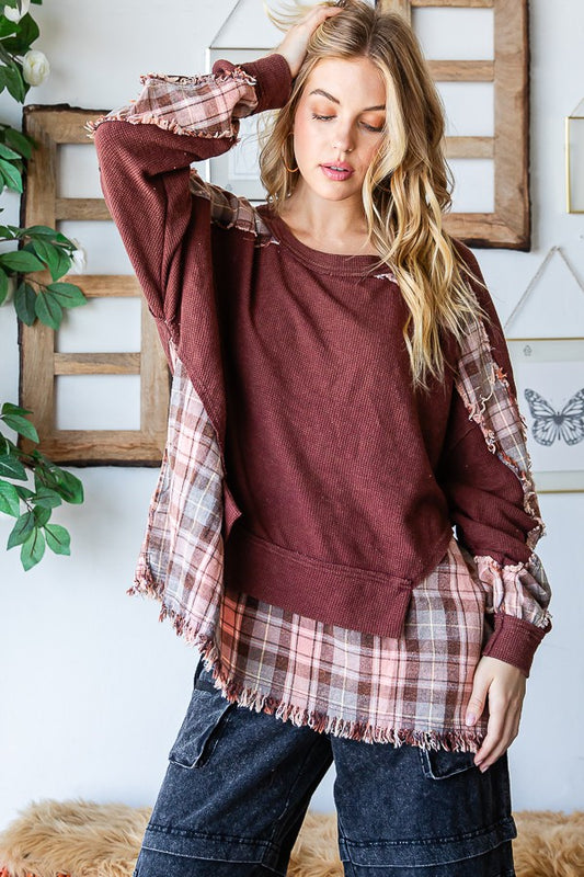 Oli & Hali Washed Long Sleeve Plaid Detail Top