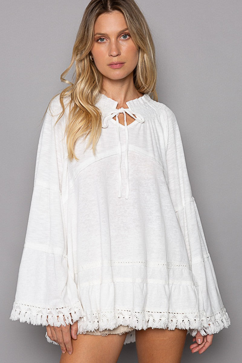 POL Oversize Notched Neck Ruffle Long Sleeve Tunic Top