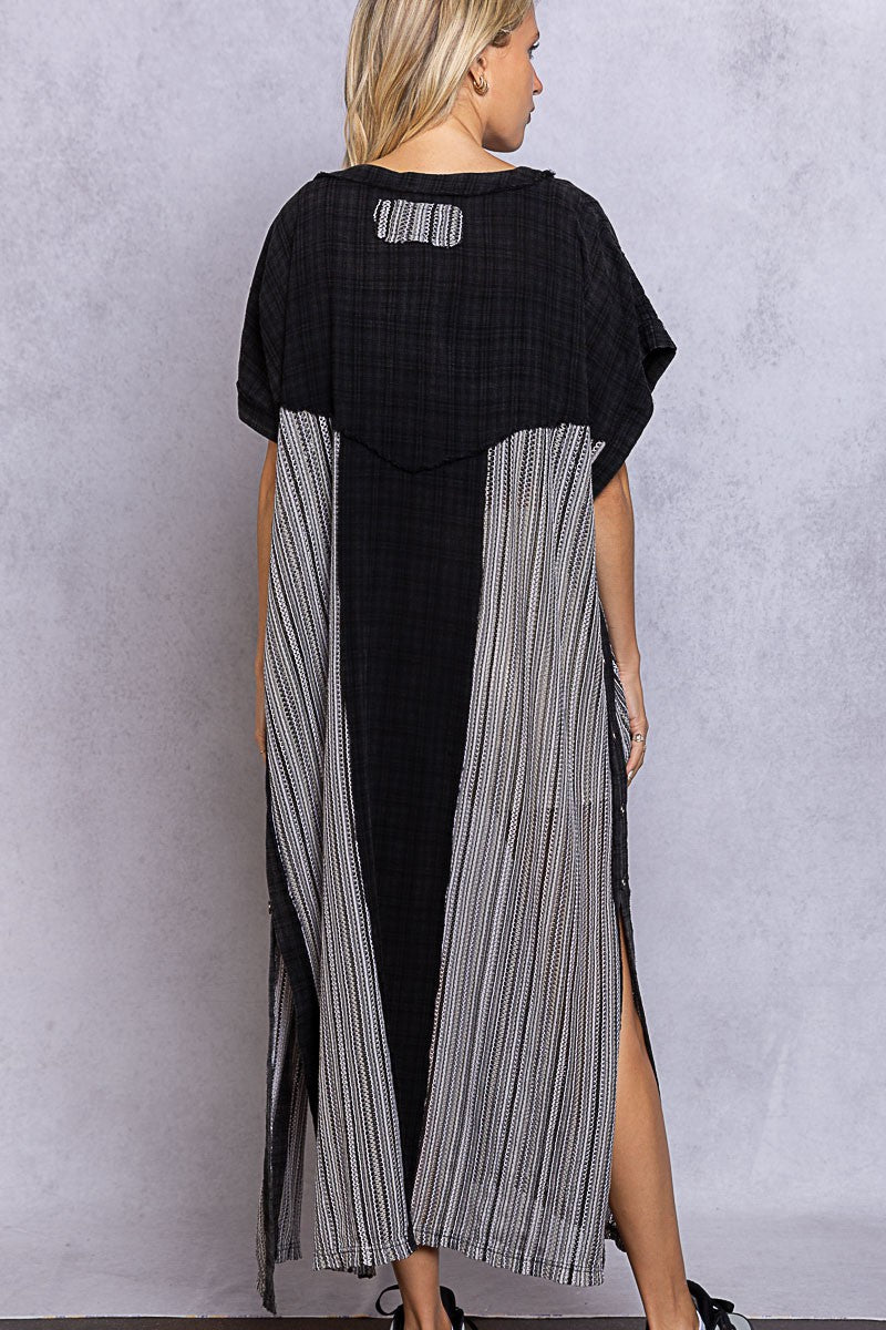 POL Multi Color Open Front Button Slit Panel Tunic Top