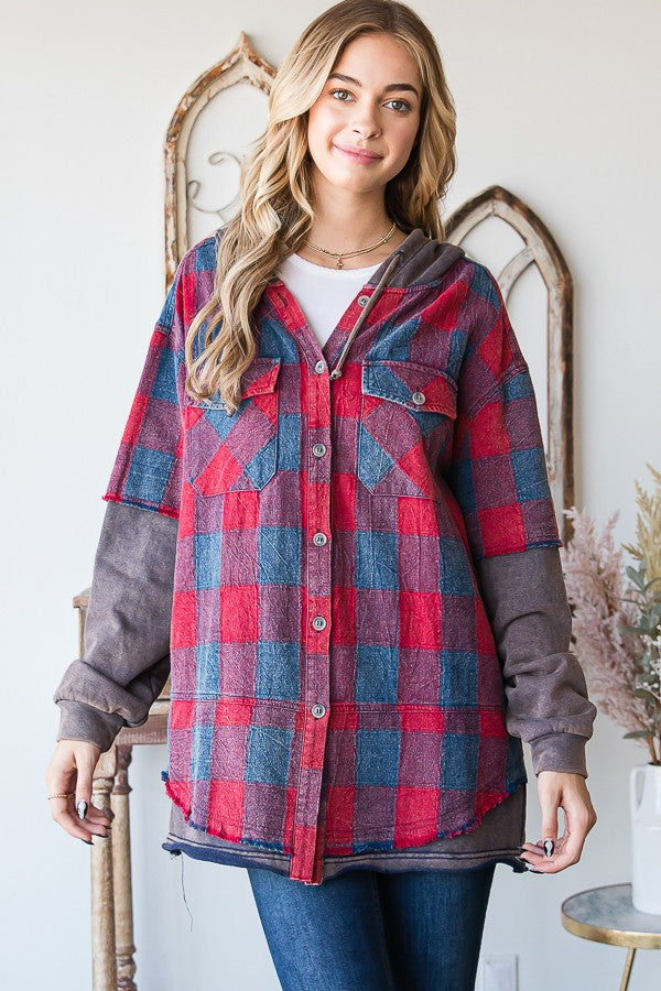 Oli & Hali Mineral Washed Plaid Hoodie Jacket Top