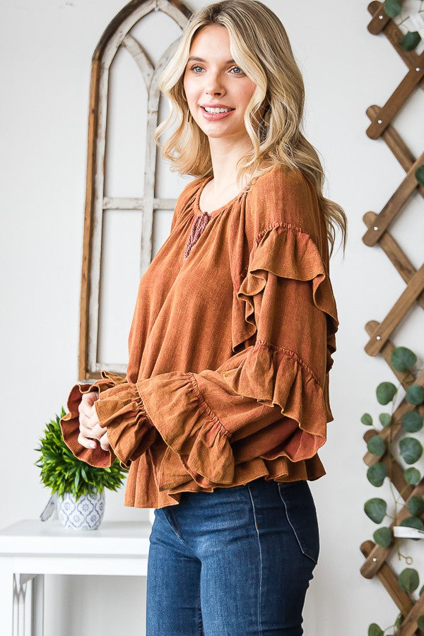 Oli & Hali Washed Ruffle Sleeve Peplum Top