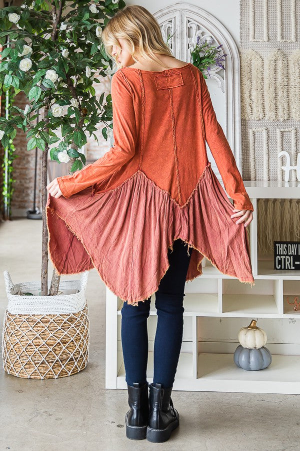 Oli & Hali Washed Fabric Mixed Uneven Hem Tunic Top