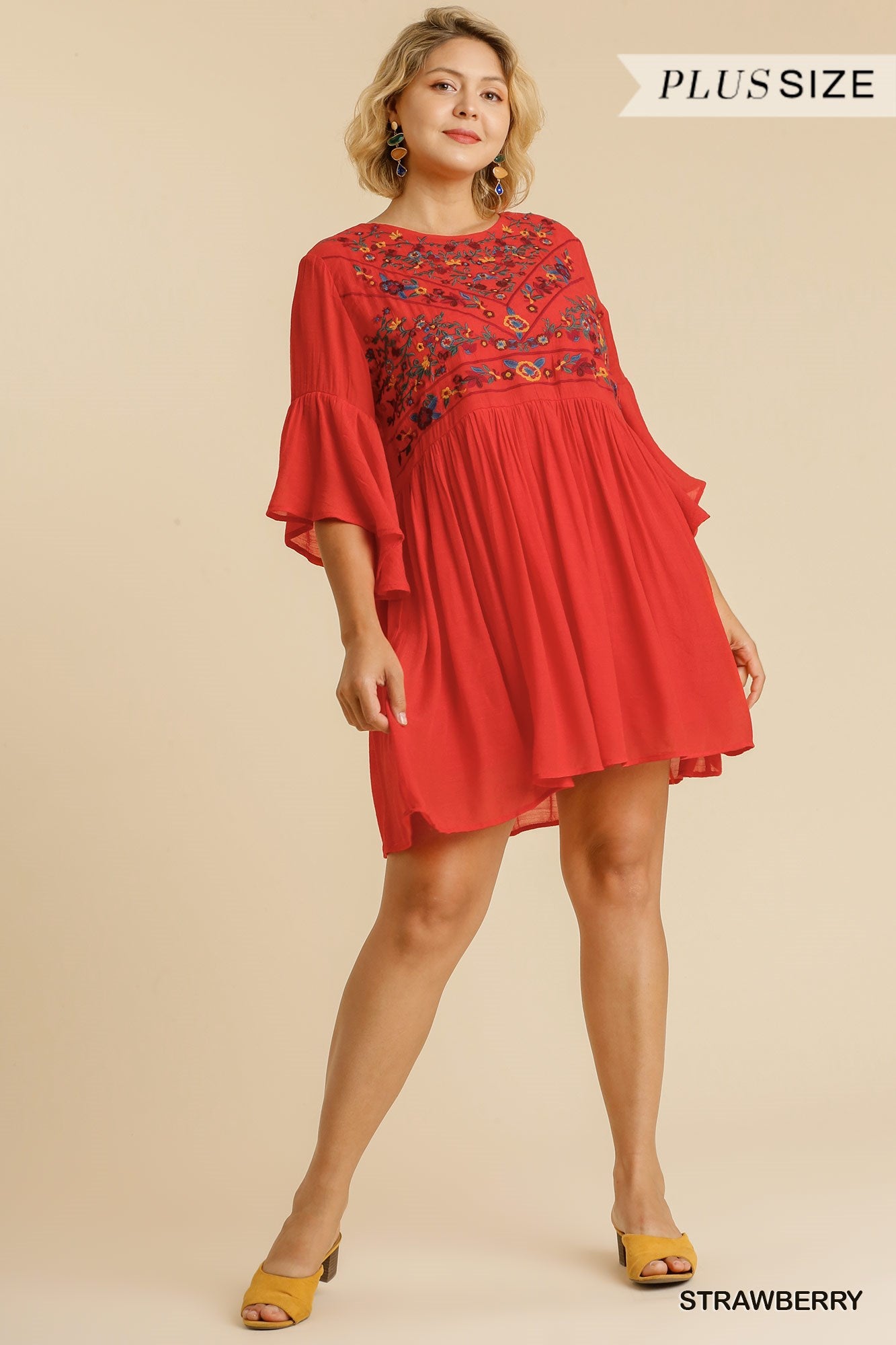 Umgee Plus Floral Embroidered Yoke 3/4 Bell Sleeve Keyhole  Dress