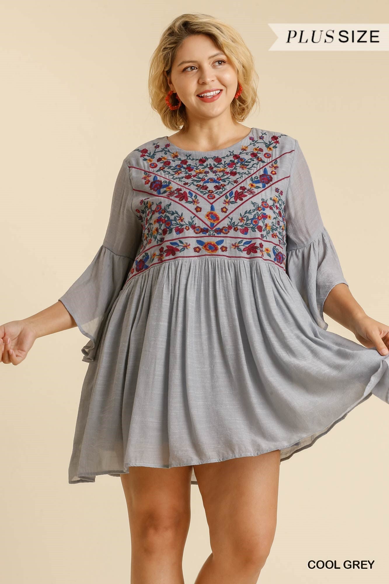 Umgee Plus Floral Embroidered Yoke 3/4 Bell Sleeve Keyhole  Dress
