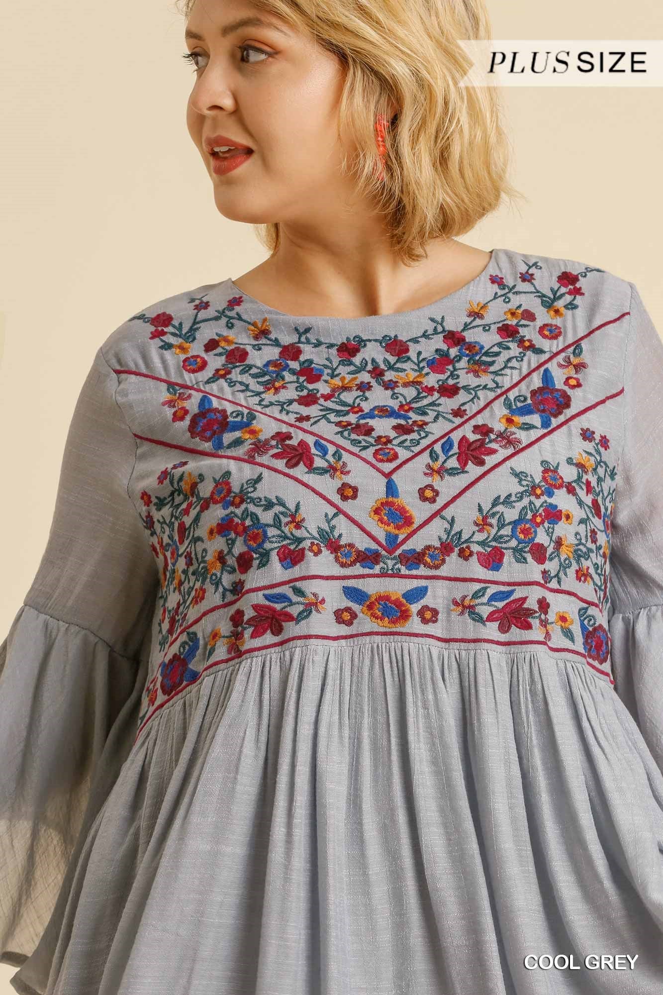 Umgee Plus Floral Embroidered Yoke 3/4 Bell Sleeve Keyhole  Dress