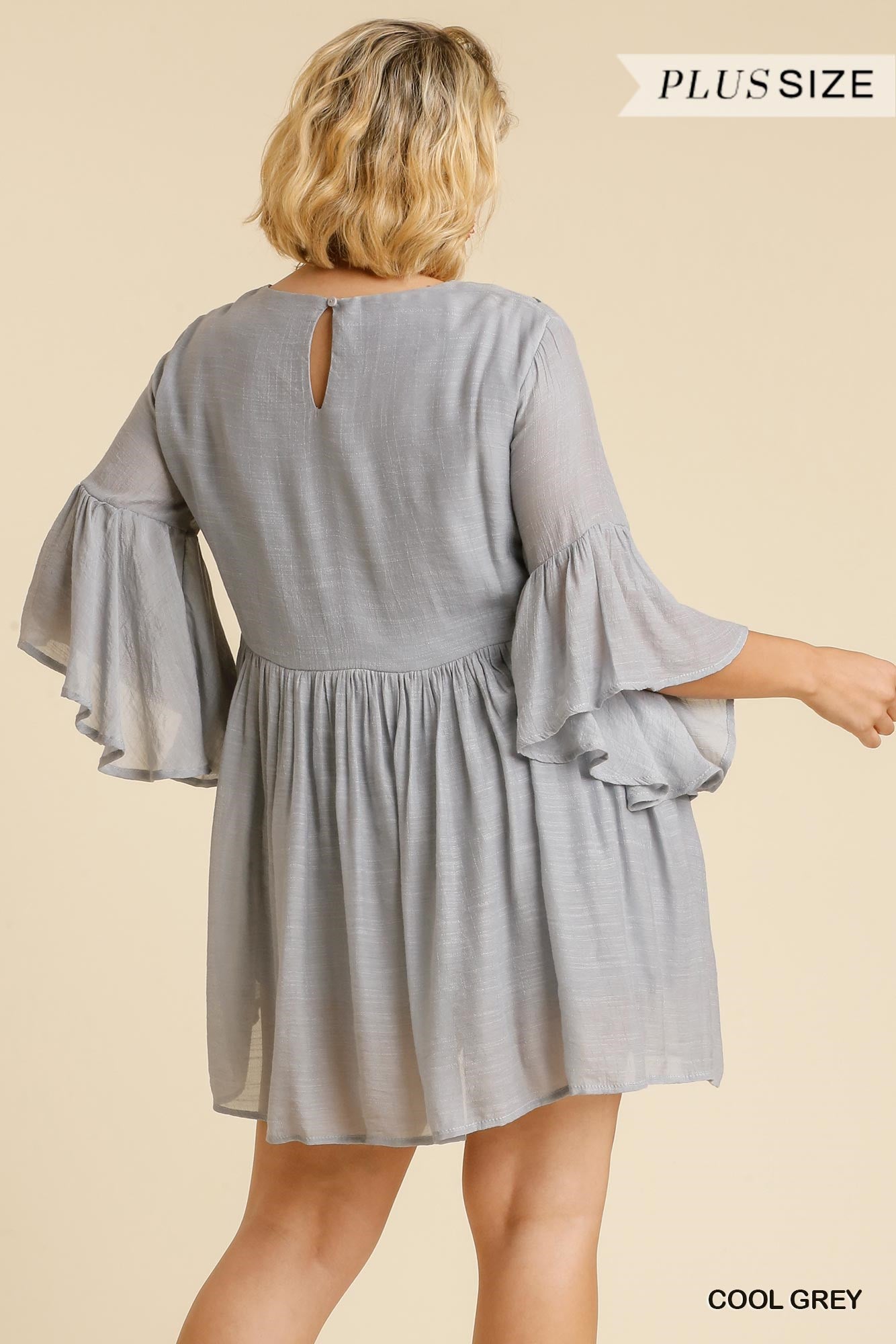 Umgee Plus Floral Embroidered Yoke 3/4 Bell Sleeve Keyhole  Dress