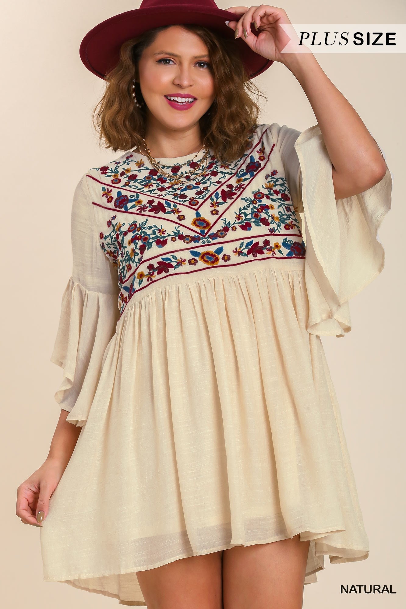 Umgee Plus Floral Embroidered Yoke 3/4 Bell Sleeve Keyhole  Dress