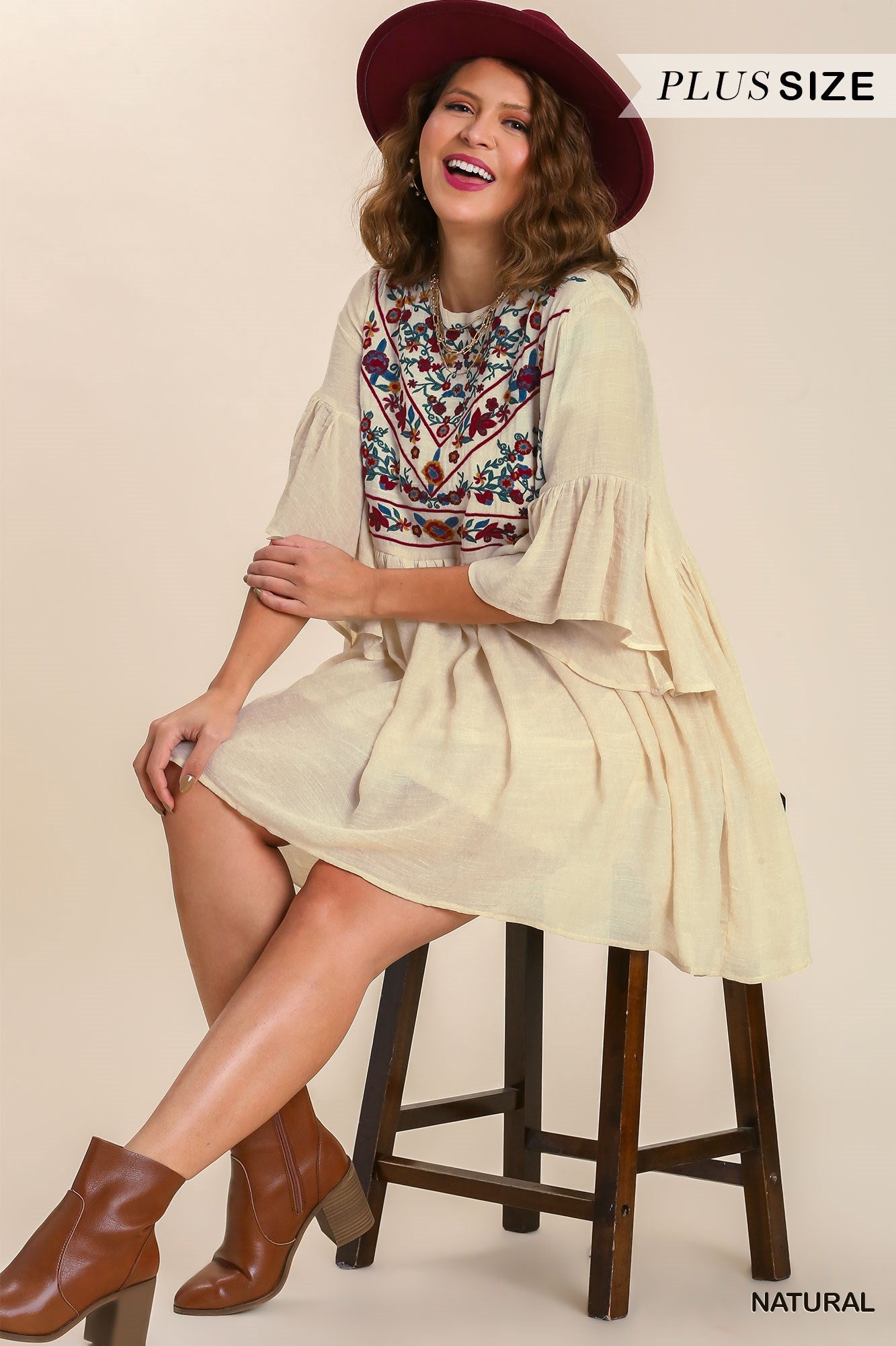 Umgee Plus Floral Embroidered Yoke 3/4 Bell Sleeve Keyhole  Dress