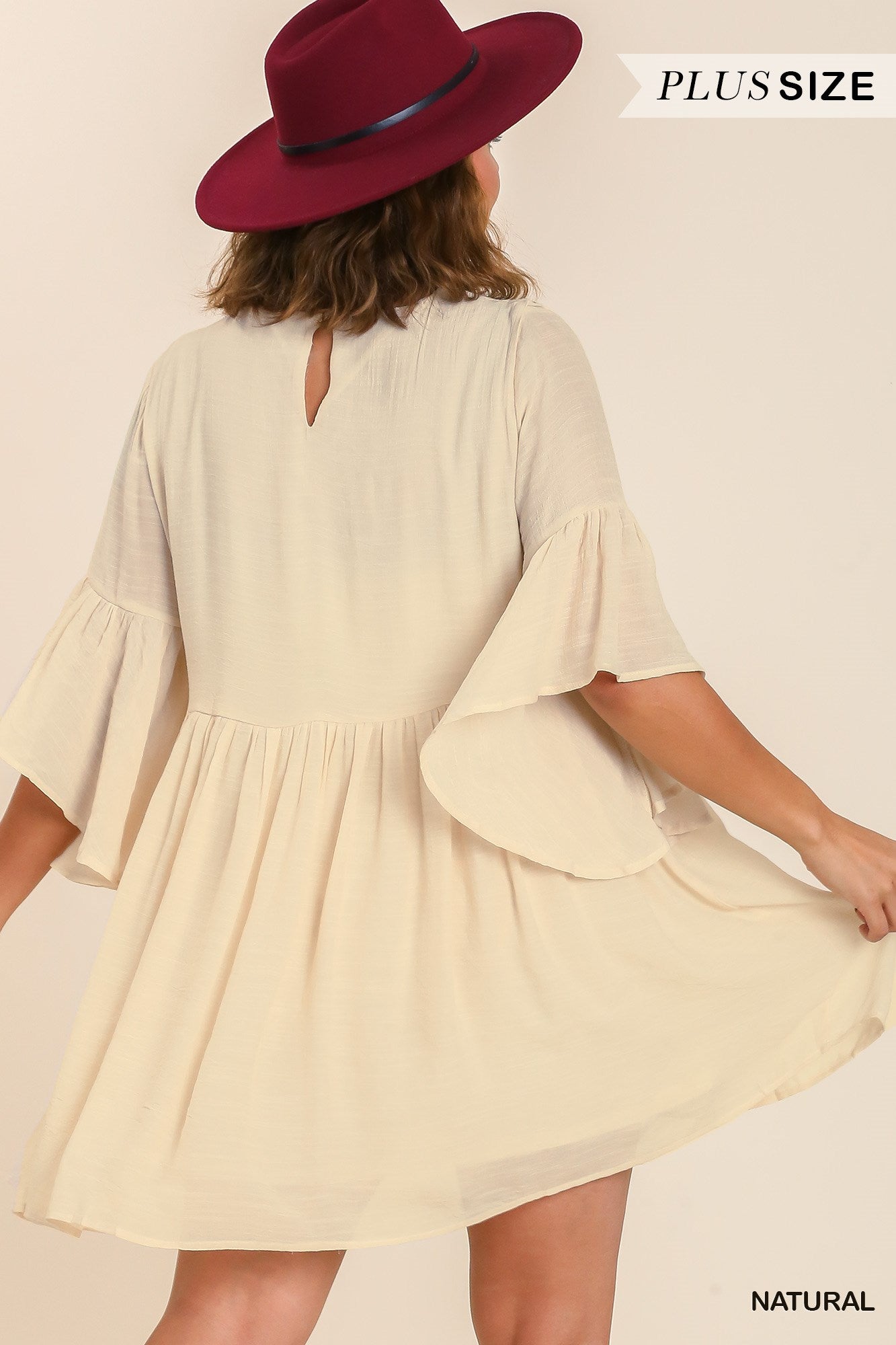 Umgee Plus Floral Embroidered Yoke 3/4 Bell Sleeve Keyhole  Dress