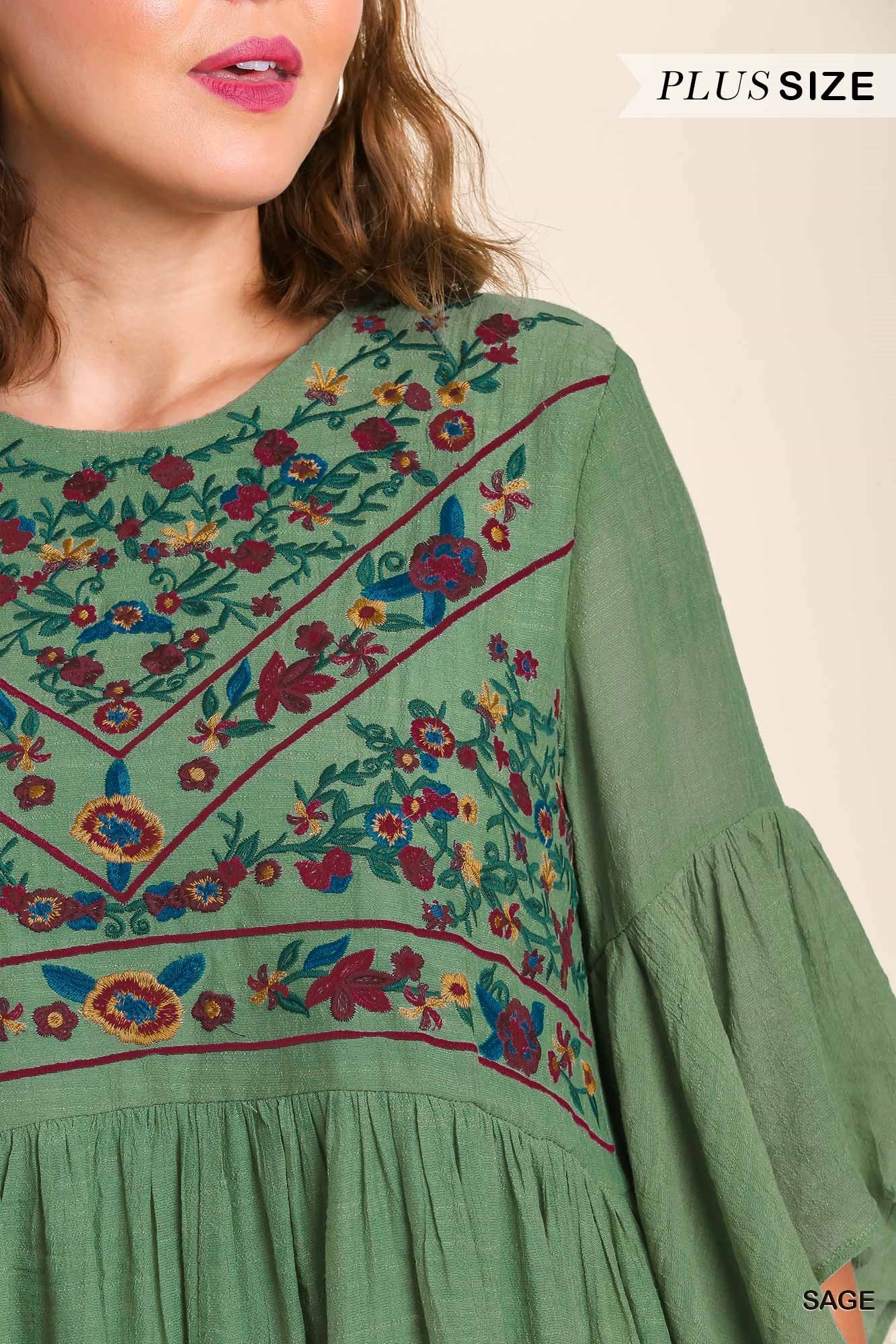 Umgee Plus Floral Embroidered Yoke 3/4 Bell Sleeve Keyhole  Dress