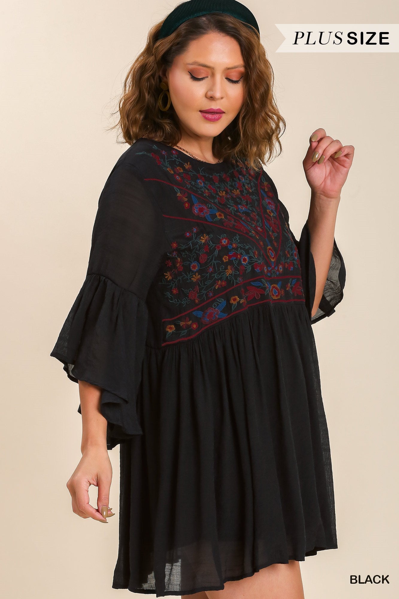 Umgee Plus Floral Embroidered Yoke 3/4 Bell Sleeve Keyhole  Dress