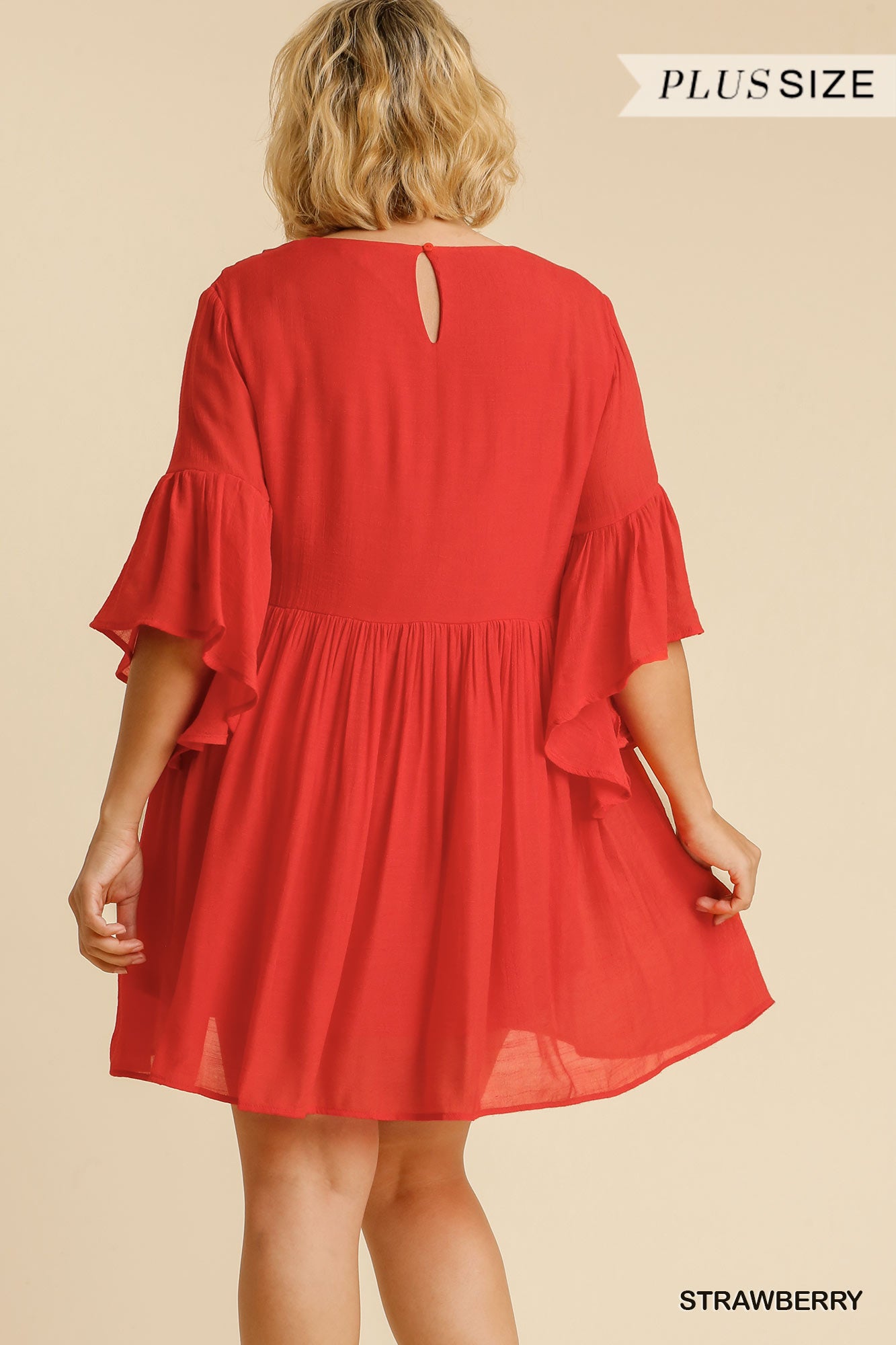 Umgee Plus Floral Embroidered Yoke 3/4 Bell Sleeve Keyhole  Dress