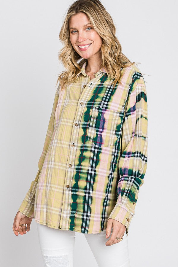 Oli & Hali Bleached Detail Front Pocket Plaids Top