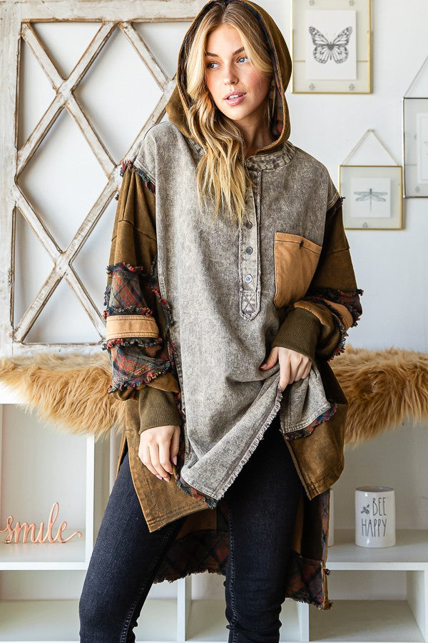 Oli & Hali Washed Fabric Mixed Oversized With Hoodie Top