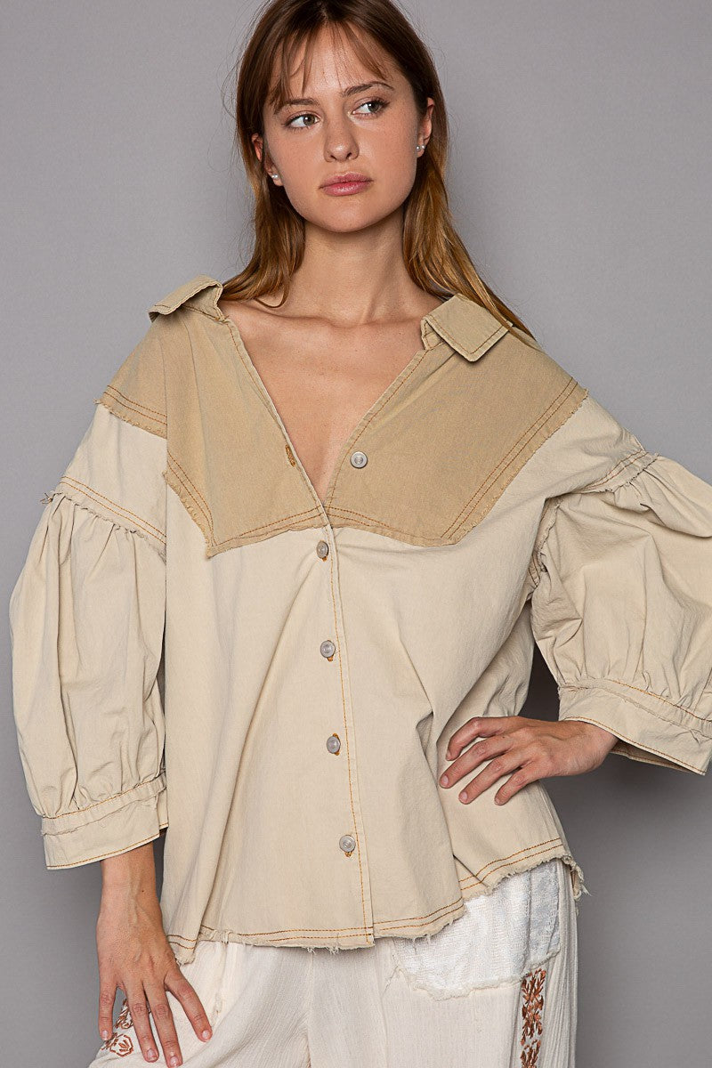 POL Color Block Button Down V Neck Balloon Sleeve Top