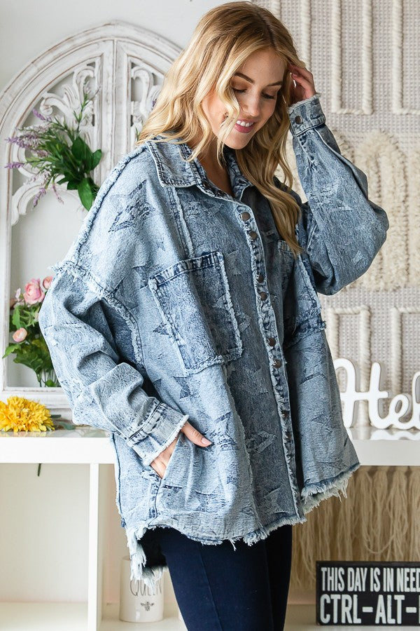 Oli & Hali Star Texture Denim Washed Oversize Shirts Jacket