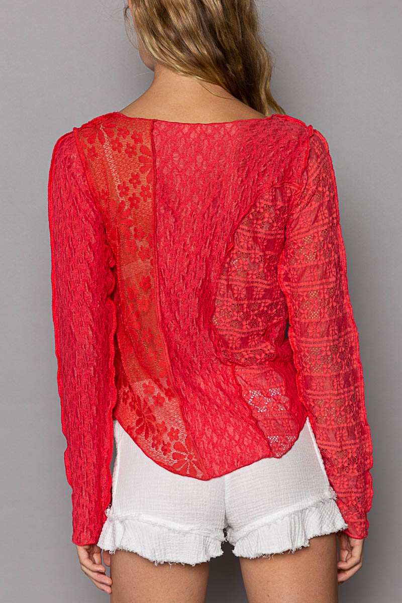 POL Boat Neck Long Sleeve Lace Fabric Solid Knit Top