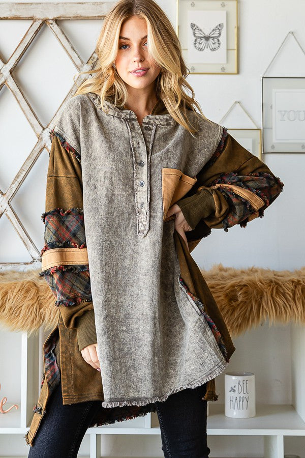 Oli & Hali Washed Fabric Mixed Oversized With Hoodie Top