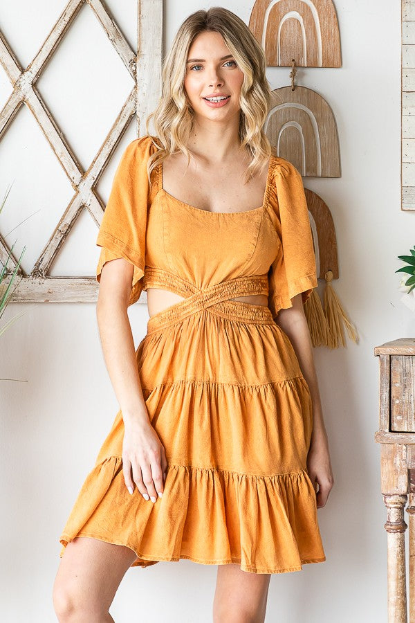 Oli & Hali Washed Cross Cut Out Tiered Mini Dress