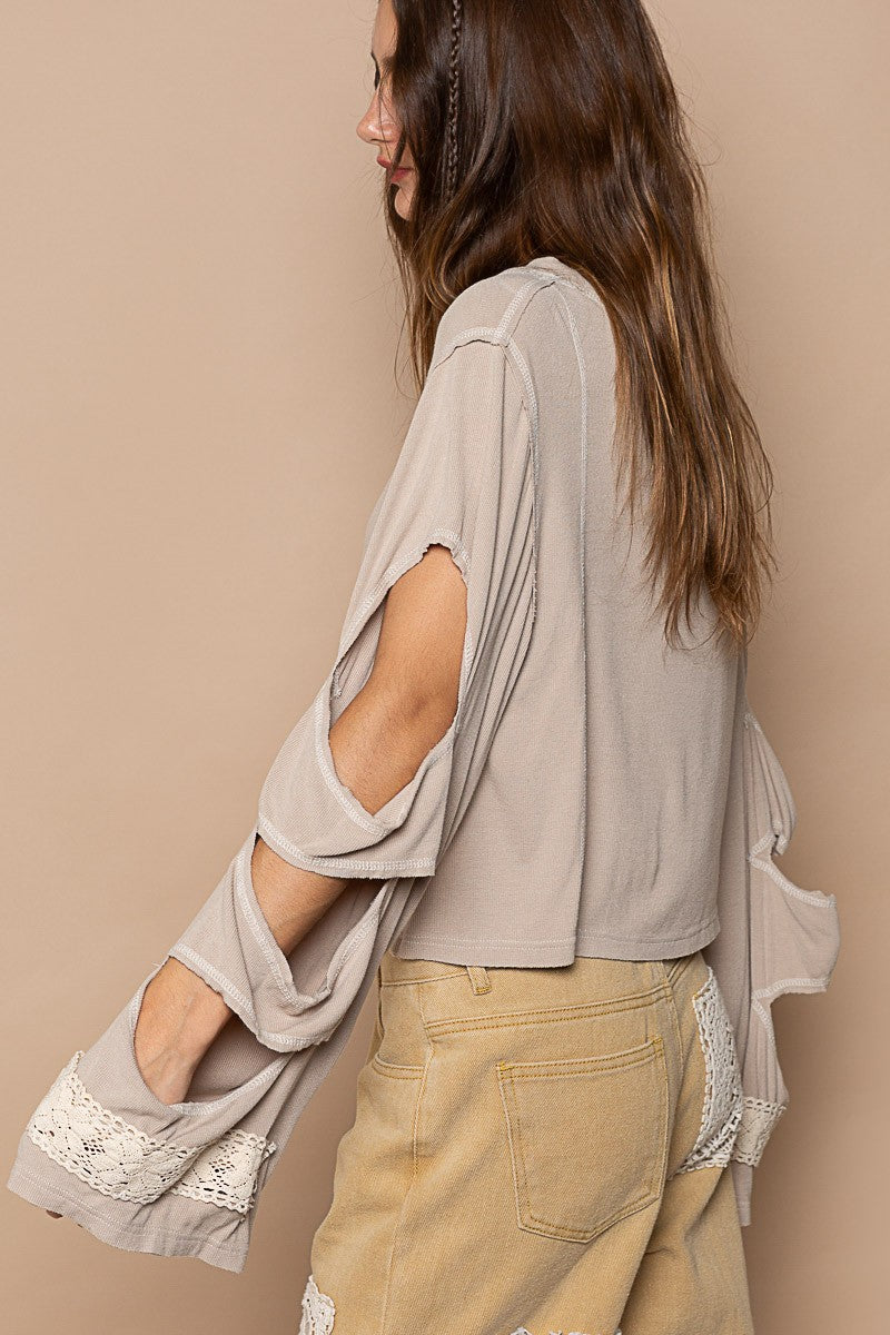 POL Vintage Wash Opening Trim Patch Rib Long Sleeve Top