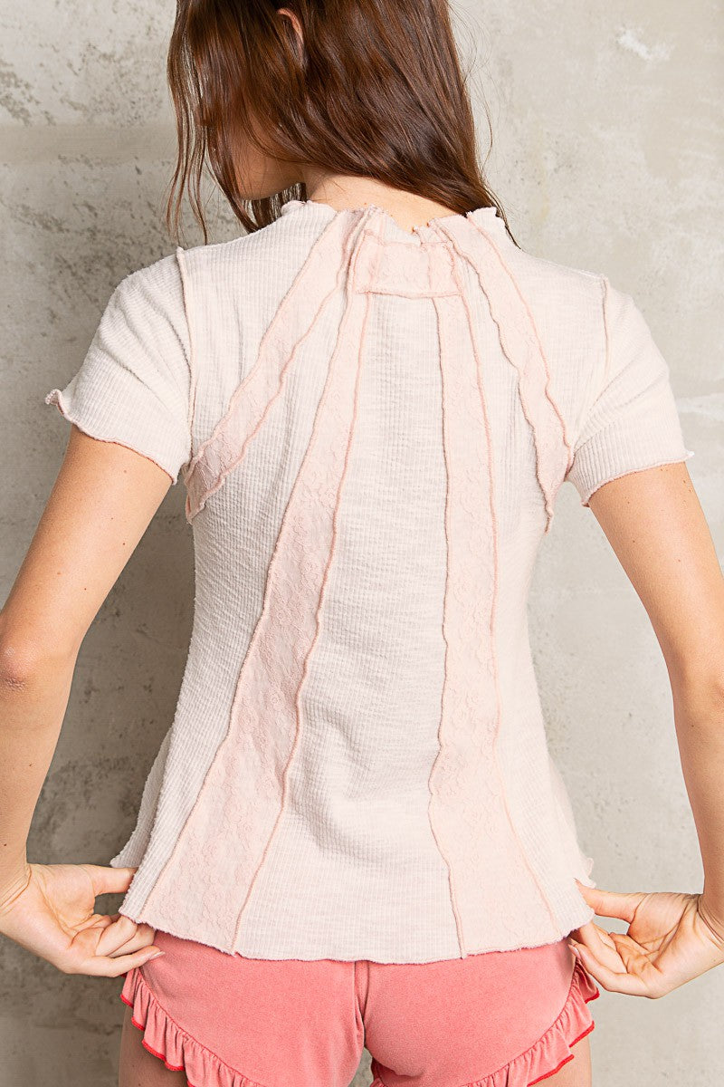 Pol Contrast Merrow Edge Short Sleeve Mock Neck Ribbed Lace Mix Top