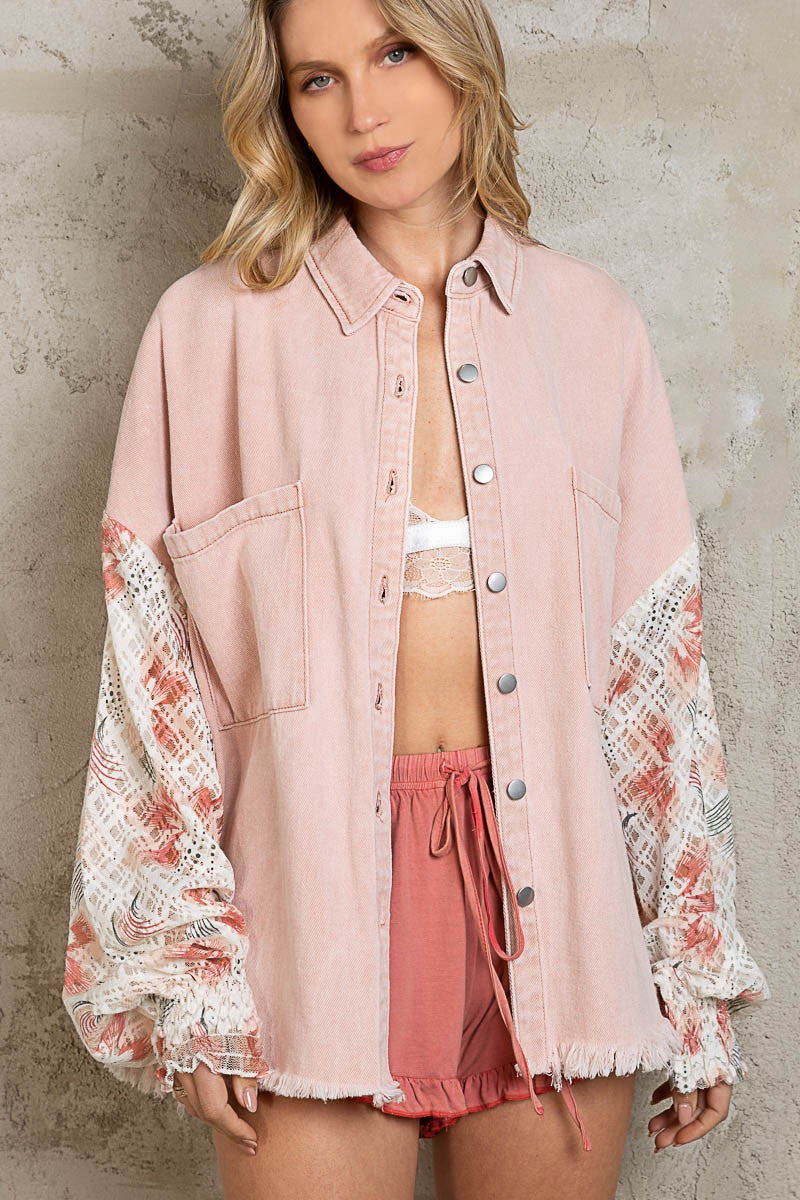 POL Oversize Printed Contrast Lace Sleeve Smock Button Down Shacket - Roulhac Fashion Boutique