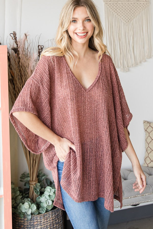 Oli & Hali Low Gauge Loose Fit Solid Knit V Neck Top