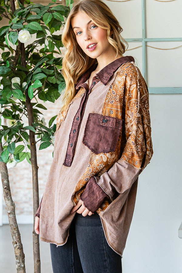 Oli & Hali Washed Fabric Mixed Long Sleeve Top