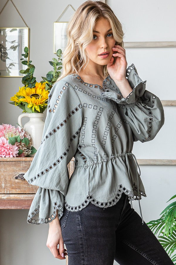 Oli & Hali Embroidered Washed Scallop Edge Top