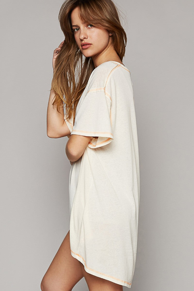 POL Vintage Washing Oversize V-Neck Solid Hi-Low Basic Top