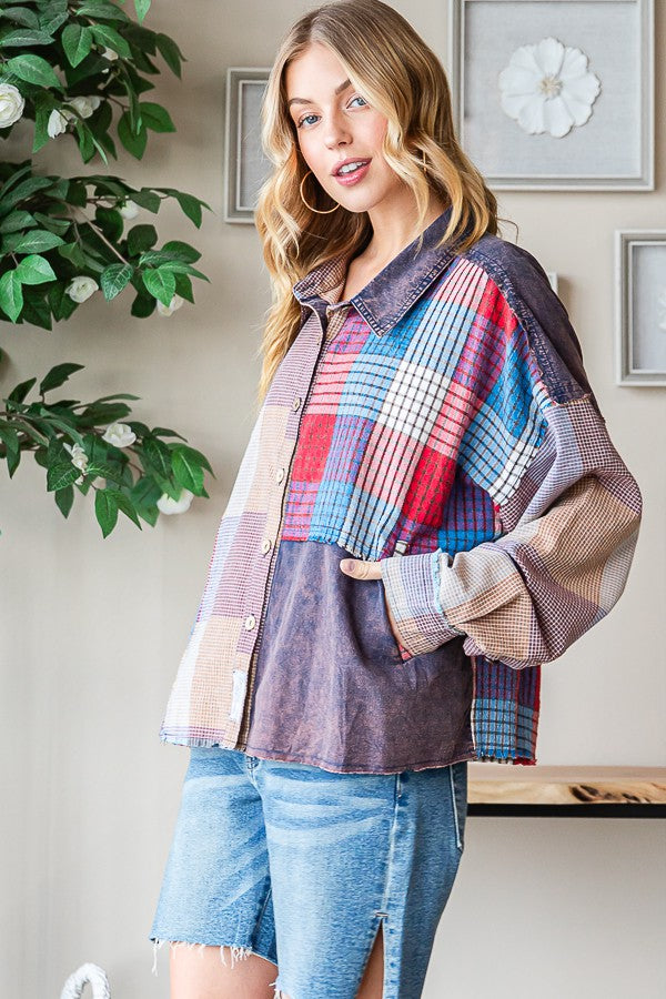 Oli & Hali Washed Plaid Mix Shirt Top