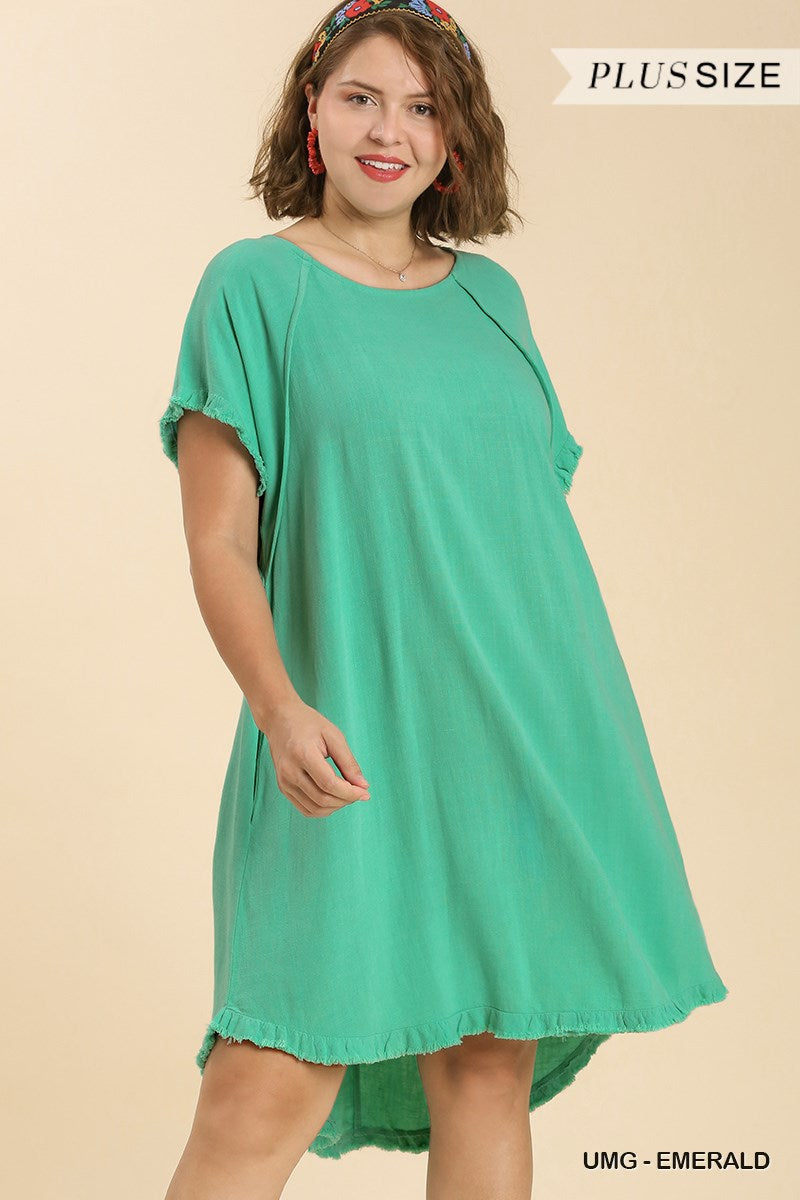 Umgee Plus Linen Blend Round Neck Pocket Fringe Short Sleeves Dress