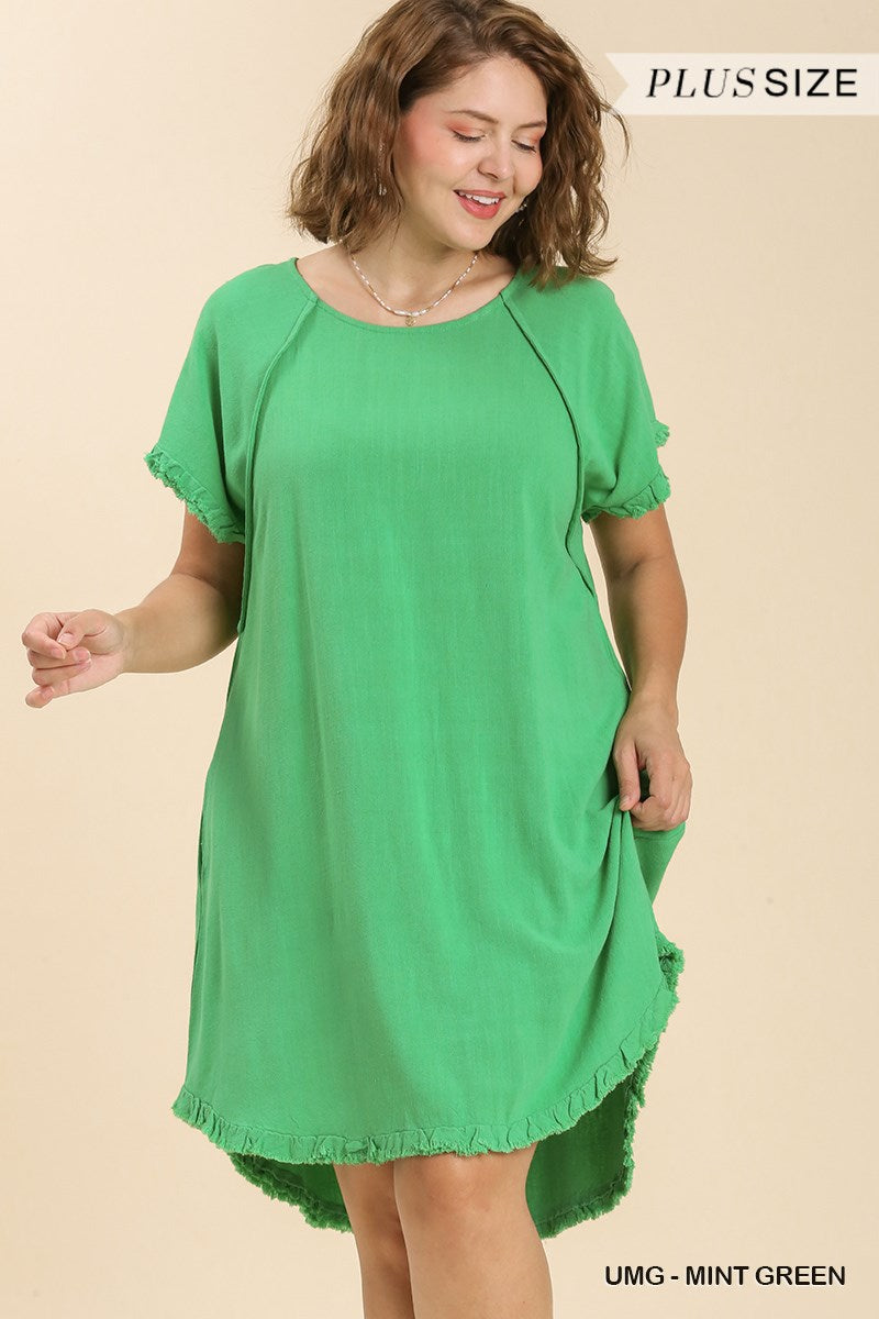 Umgee Plus Linen Blend Round Neck Pocket Fringe Short Sleeves Dress
