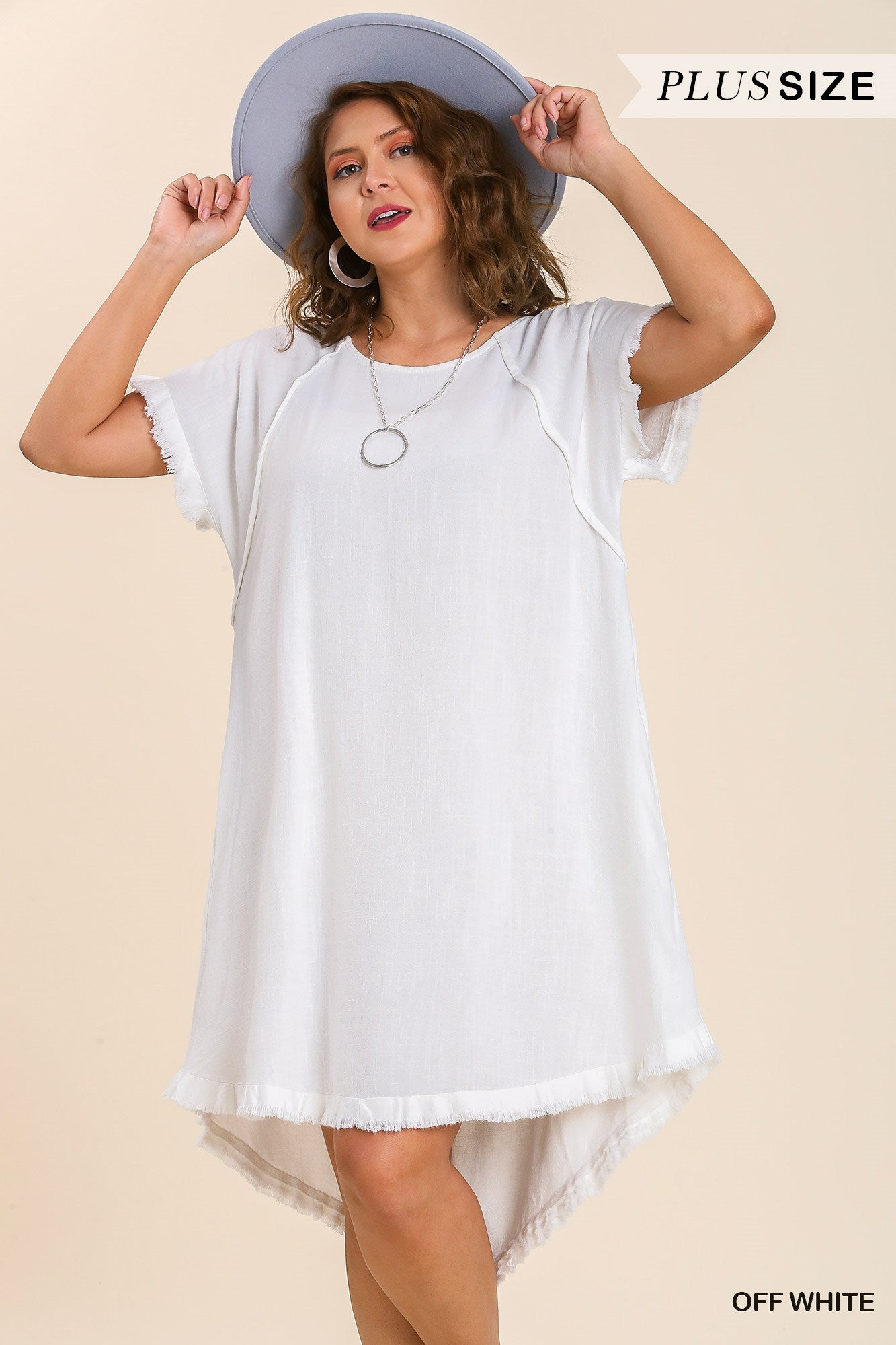 Umgee Plus Linen Blend Round Neck Pocket Fringe Short Sleeves Dress