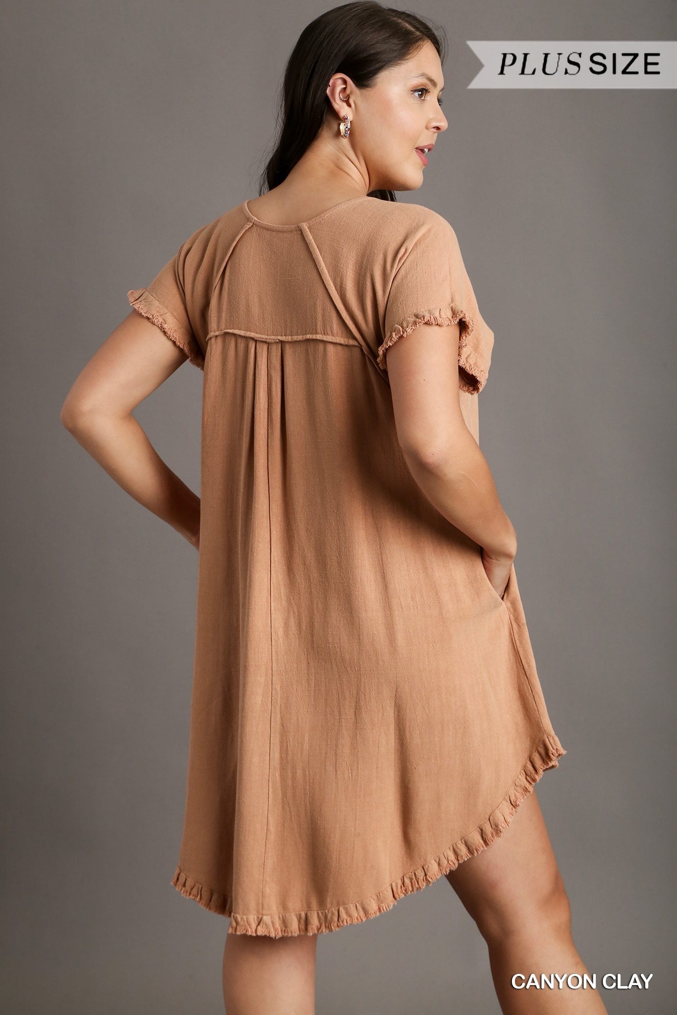 Umgee Plus Linen Blend Round Neck Pocket Fringe Short Sleeves Dress