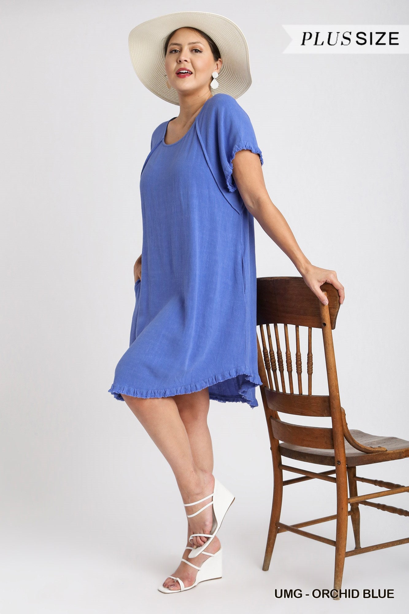 Umgee Plus Linen Blend Round Neck Pocket Fringe Short Sleeves Dress